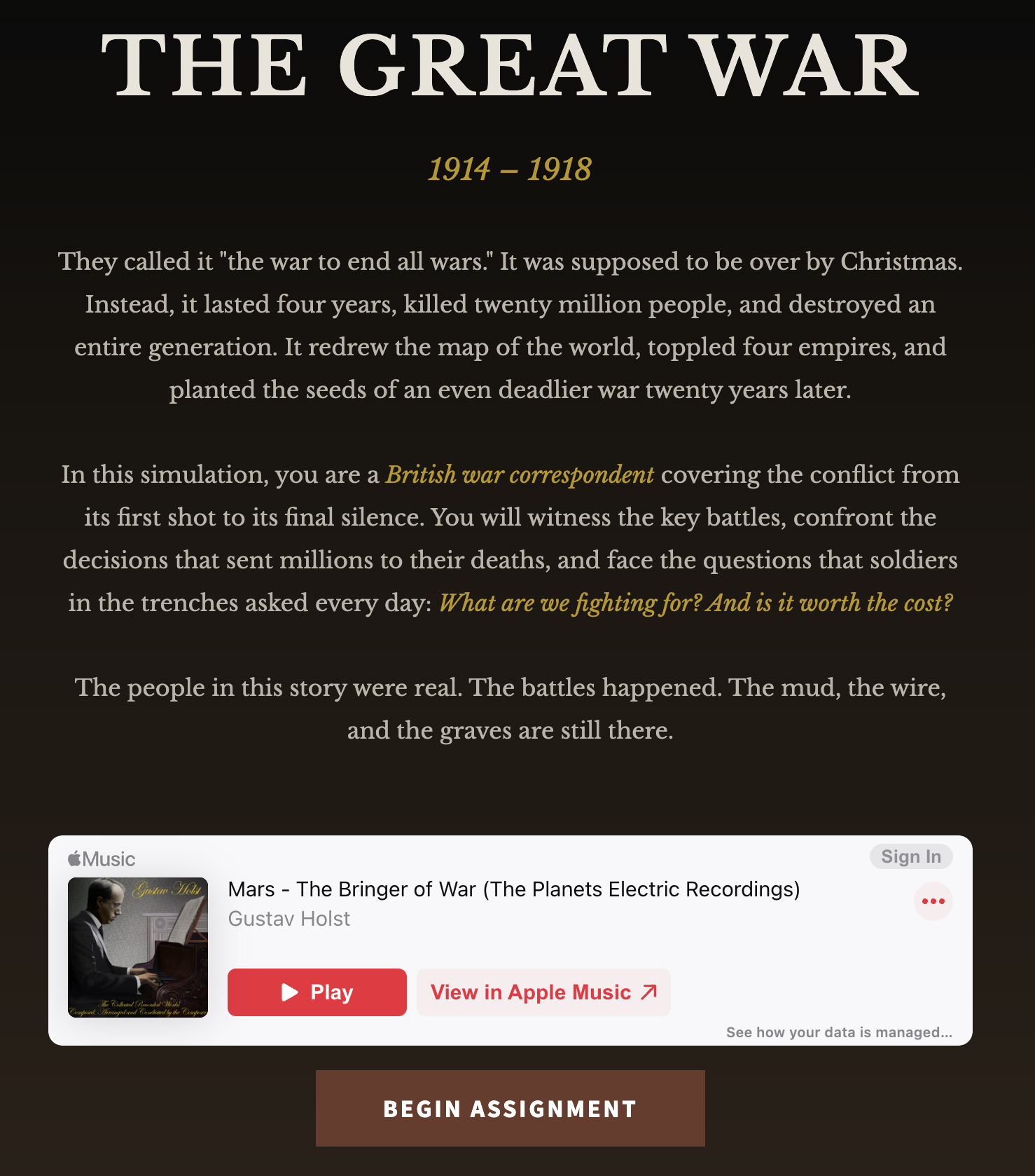 WWI simulation screen 1